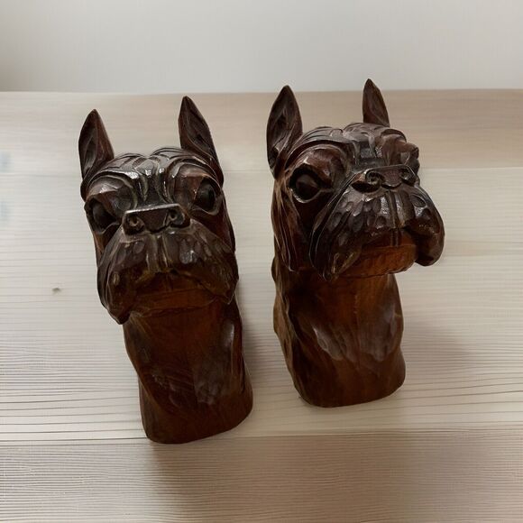 Vintage Jose J Pinal Wood Carved Book Ends Dog Set Boxer Mexican Art - Picture 6 of 10